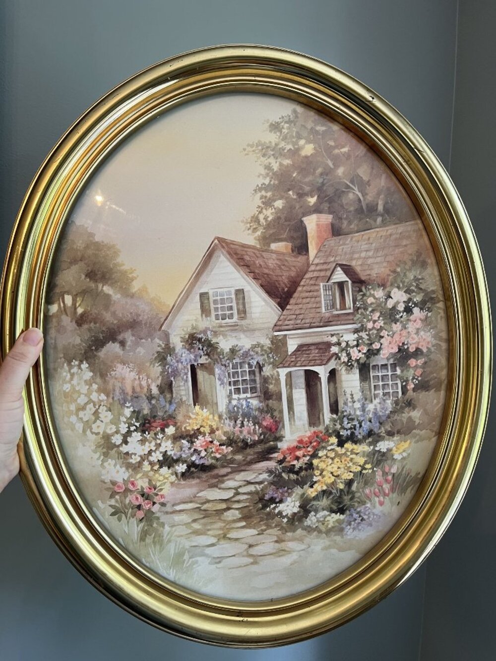 Vintage Home Interiors Cottage Garden Oval Framed Print Gold Frame